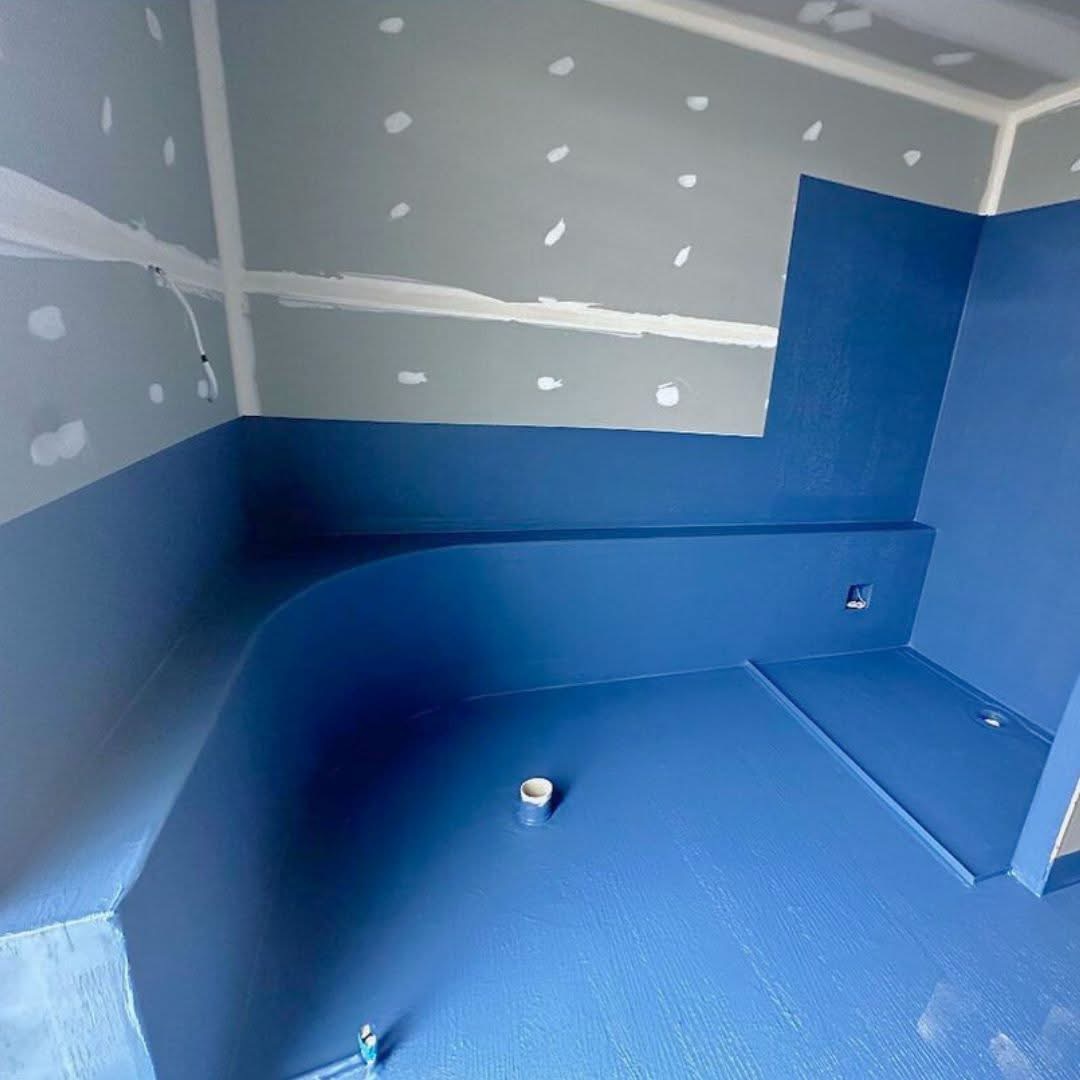 Waterproofing Large Wet Area Bathroom with Curve Bench and Shower Base